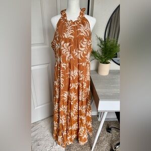 NWT Wonderly Women’s XL Orange Floral Sleeveless Maxi Dress Ruffled Collar